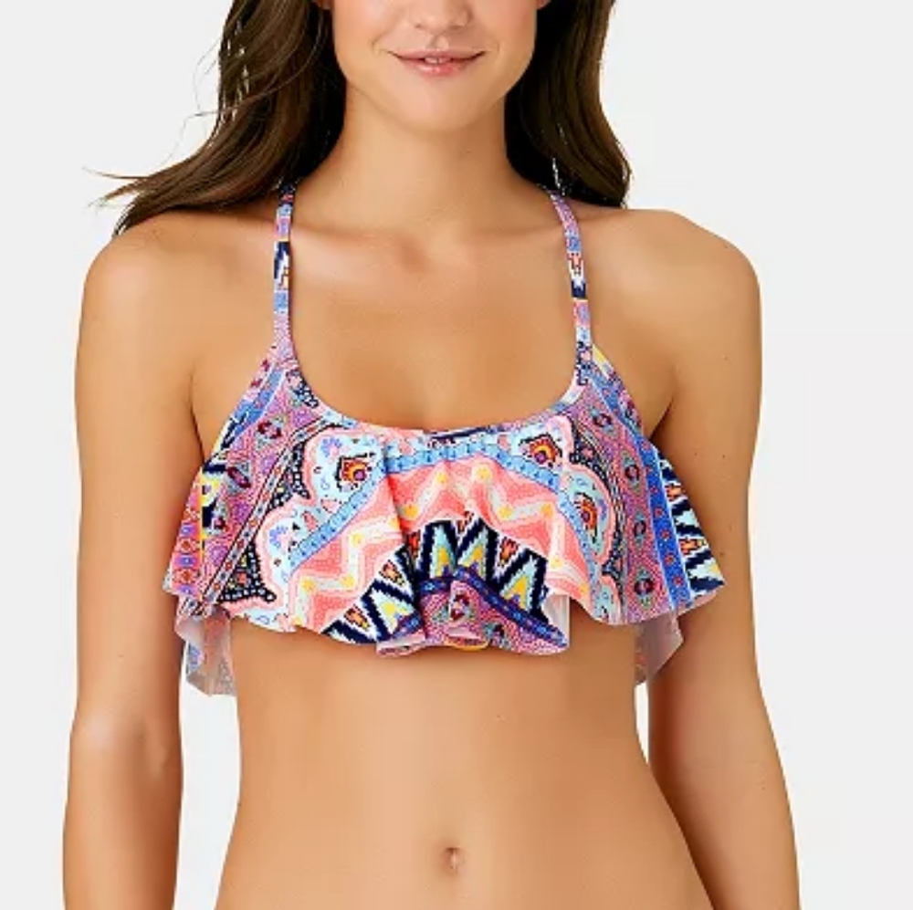 Juniors' Far Away Vacay Printed Flounce Bikini Top